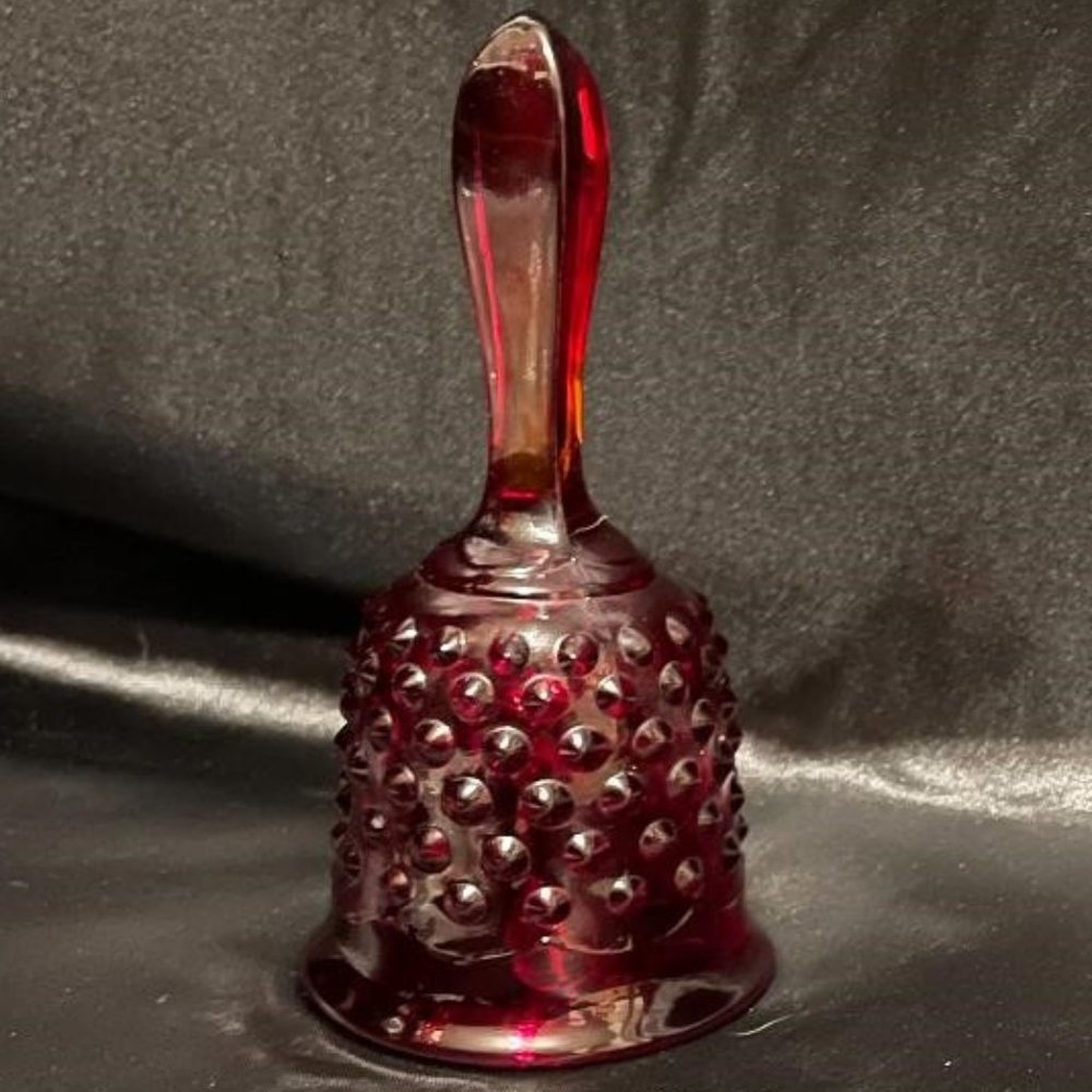 BEAUTIFUL VINTAGE FENTON RUBY RED HOBNAIL & AMBERINA HANDLE COLLECTIBLE BELL